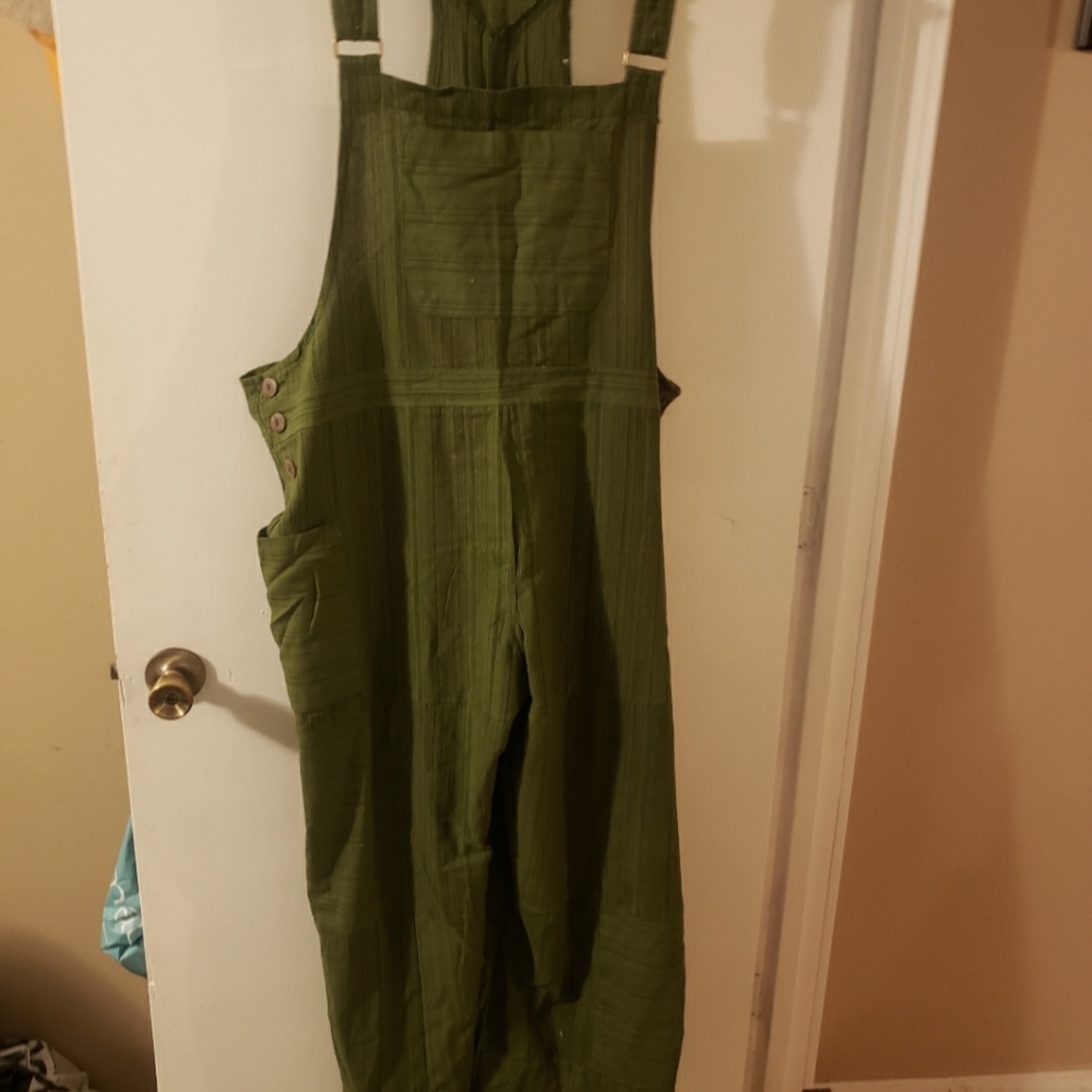 Earthbound retro overall! Army Green w/ light lines.  Bohemian flared legs!